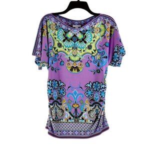 Lavender Floral Knit Tunic Top by New York & Company Short Batwing Sleeves Boho